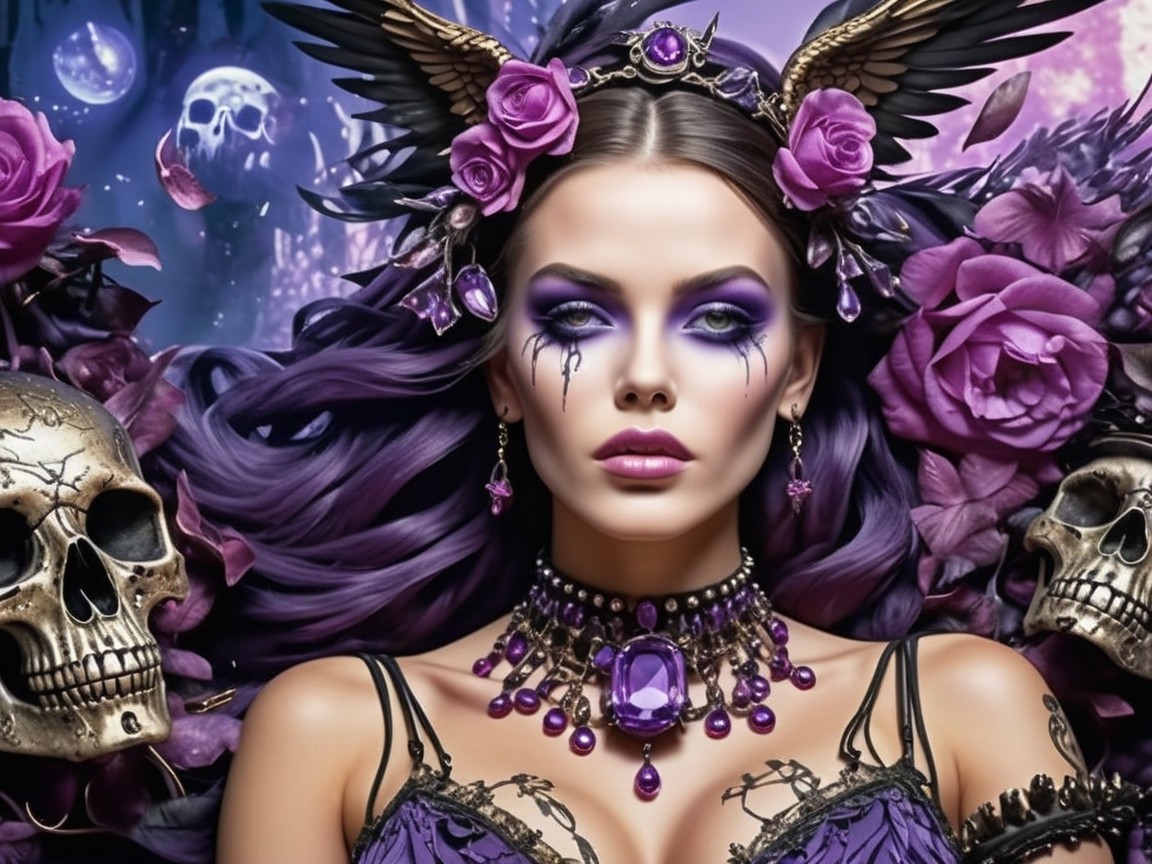 Striking woman with dramatic purple makeup and crown