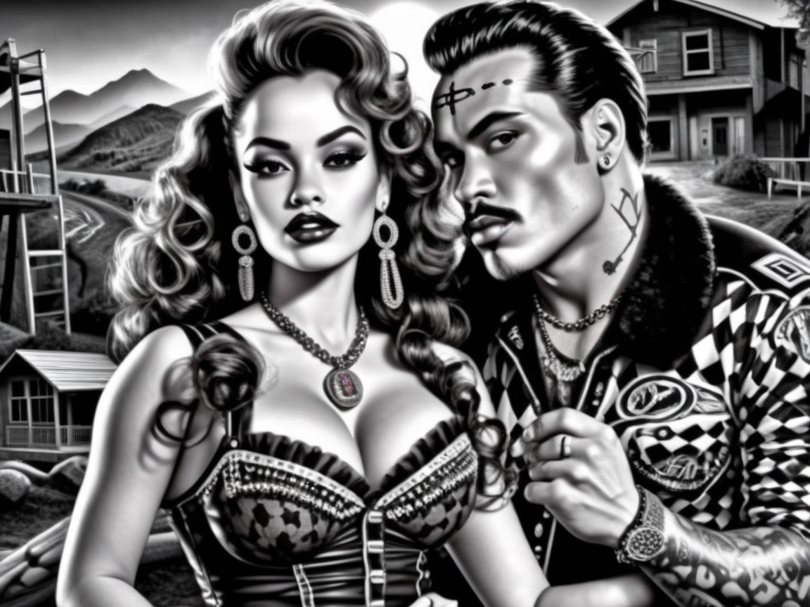 Black-and-White Illustration of Glamorous Couple