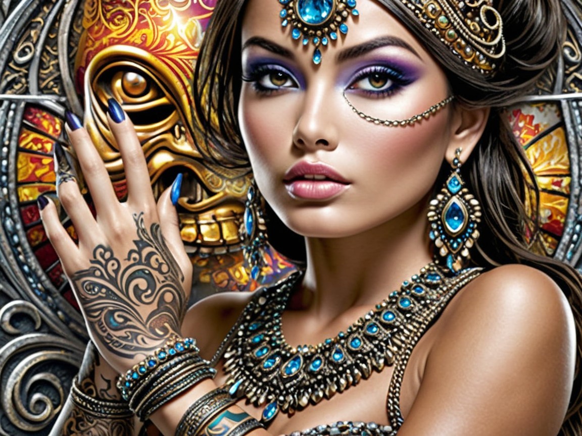 Portrait of a Woman in Jewelry with Bold Makeup