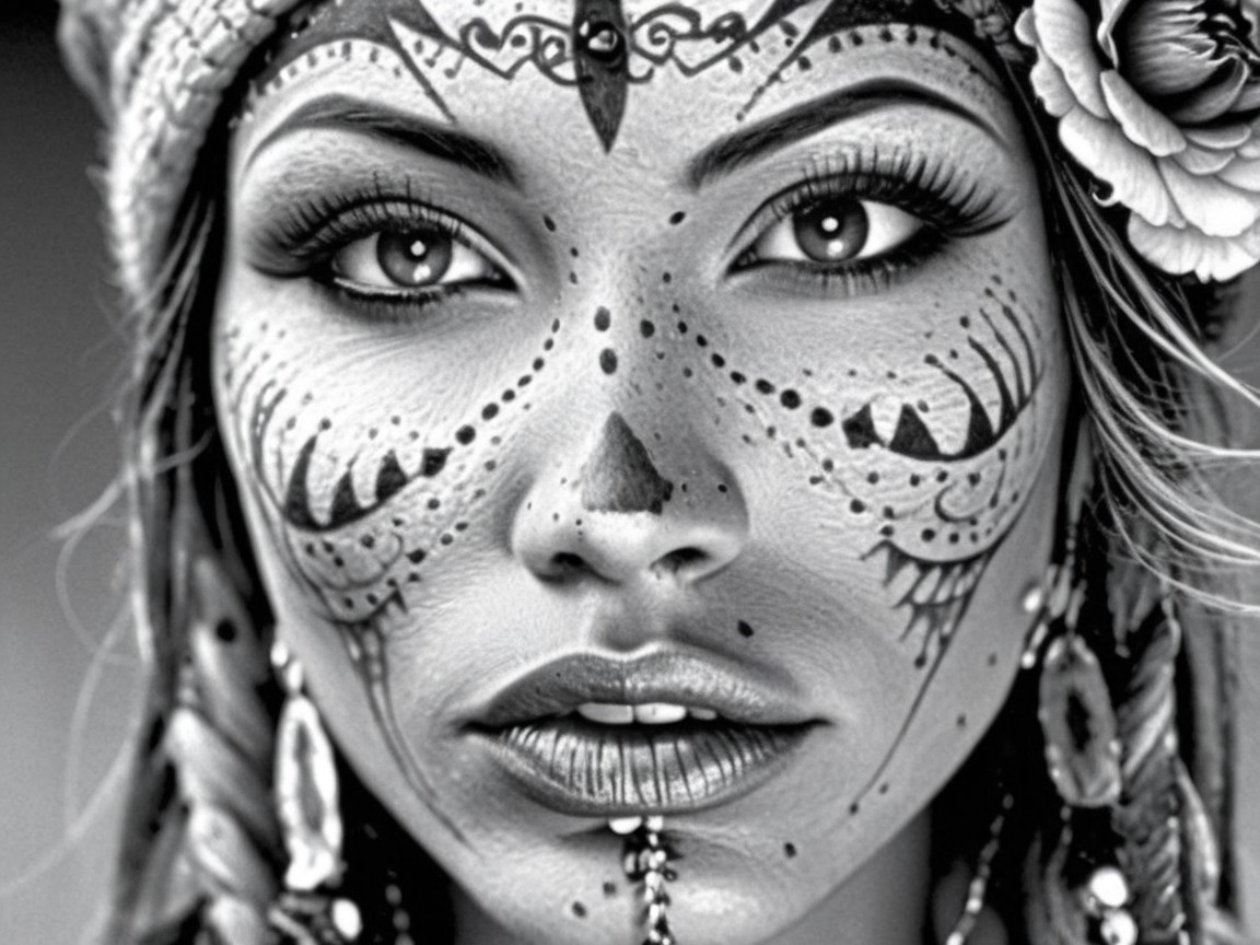 Black-and-White Portrait of a Woman with Face Paint