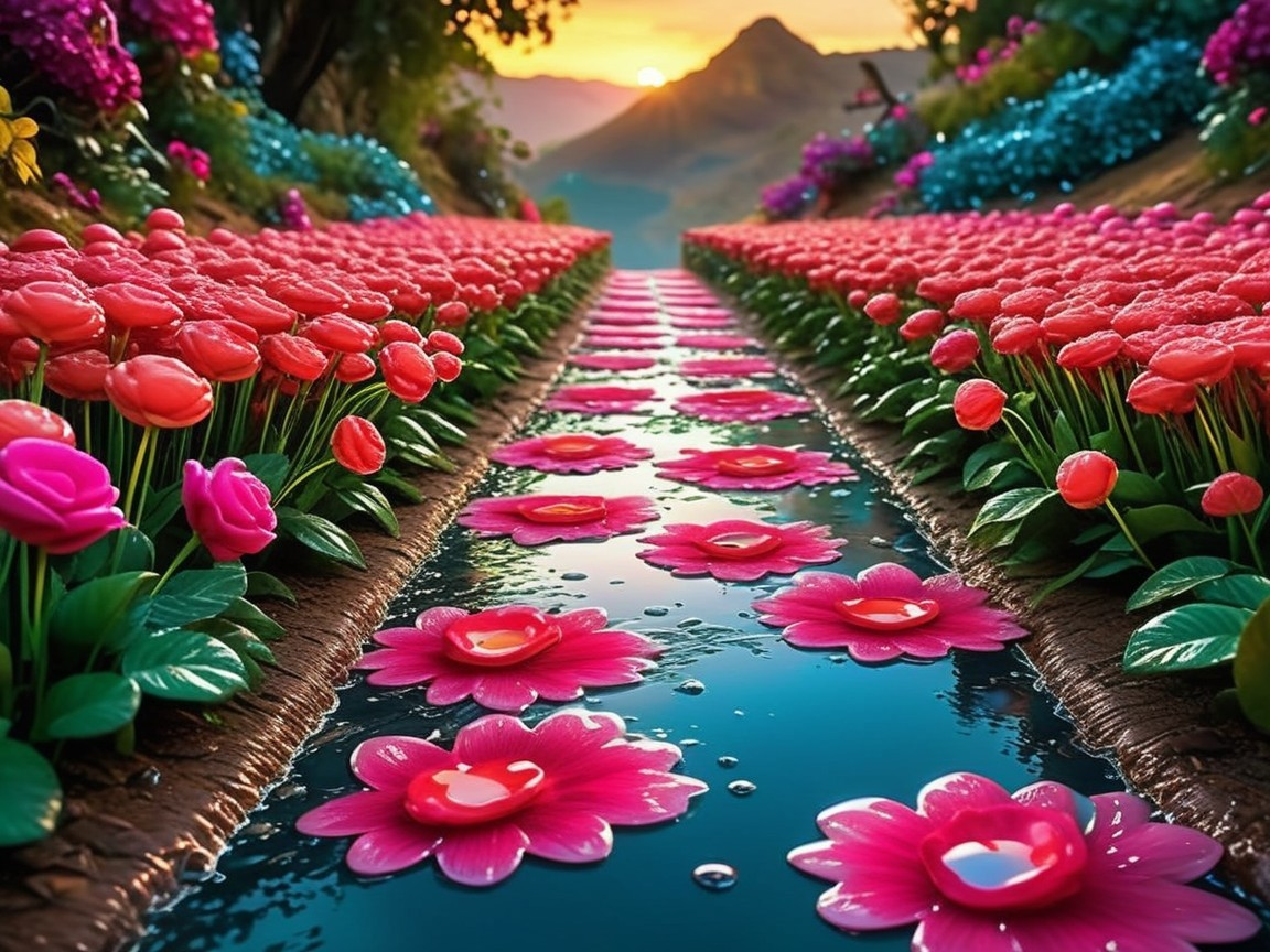 Vibrant Flowers and Sunset Over Tranquil Waterway
