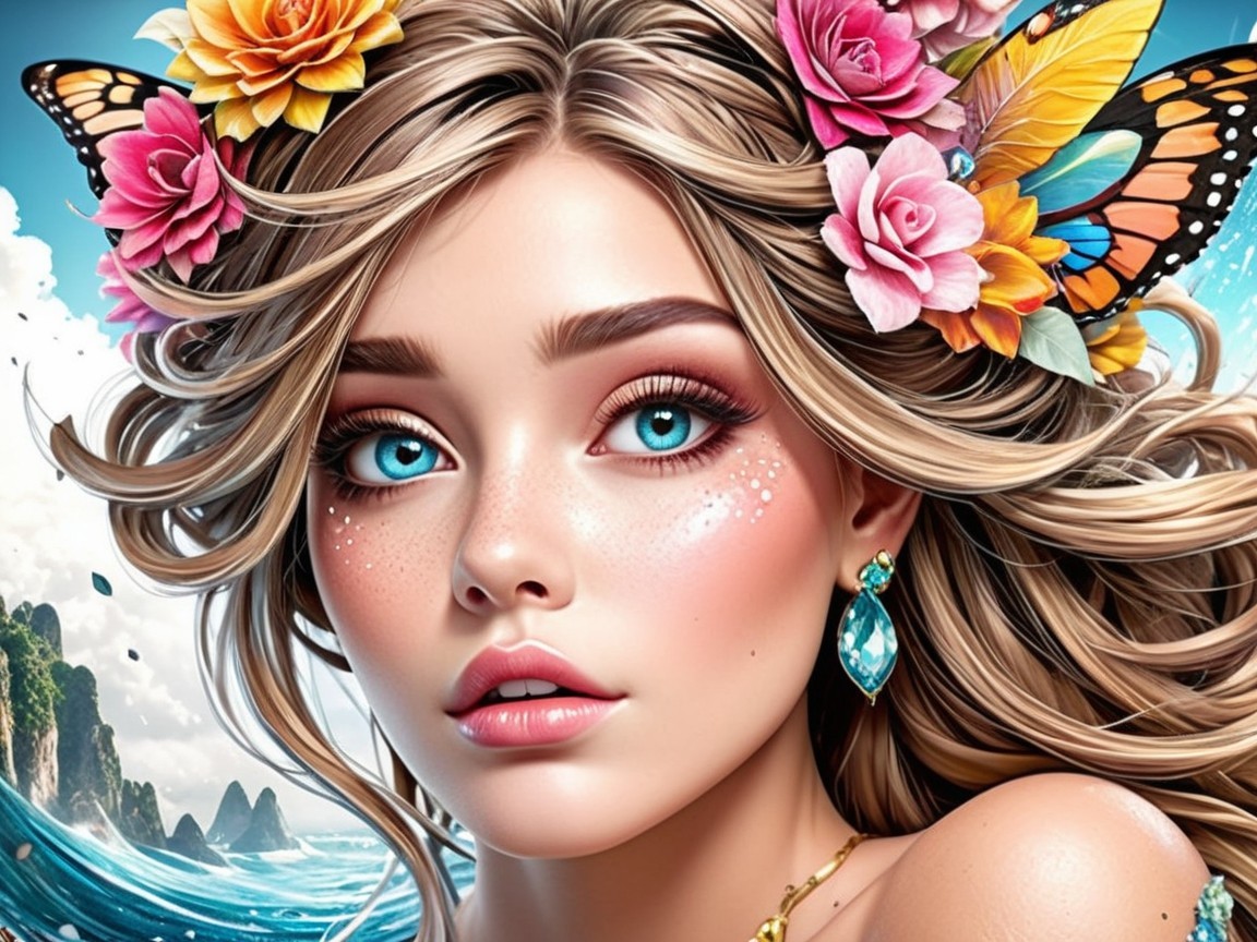 Young woman with flowers, butterflies, and ocean backdrop