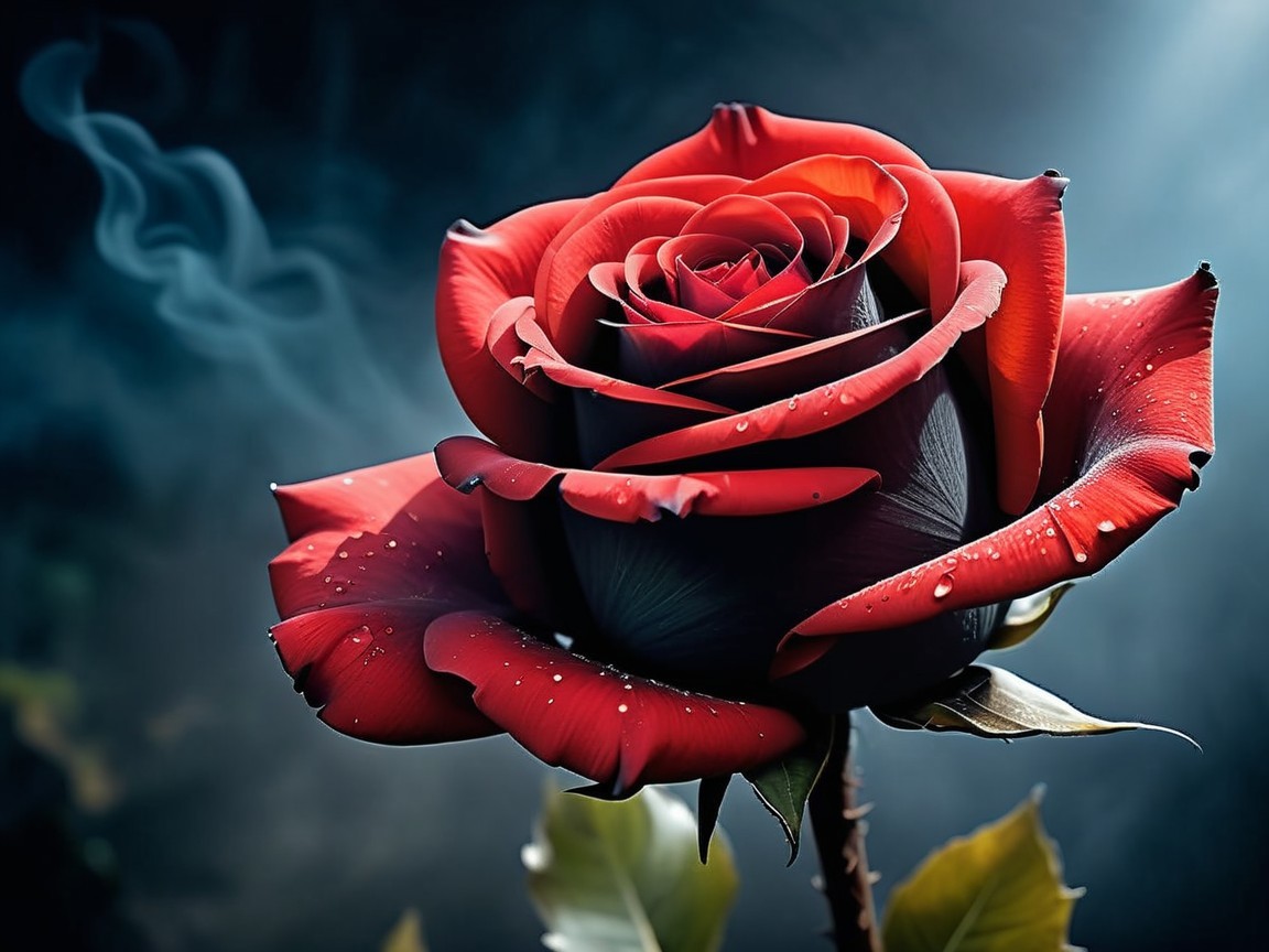 Intricately Layered Red Rose with Water Droplets