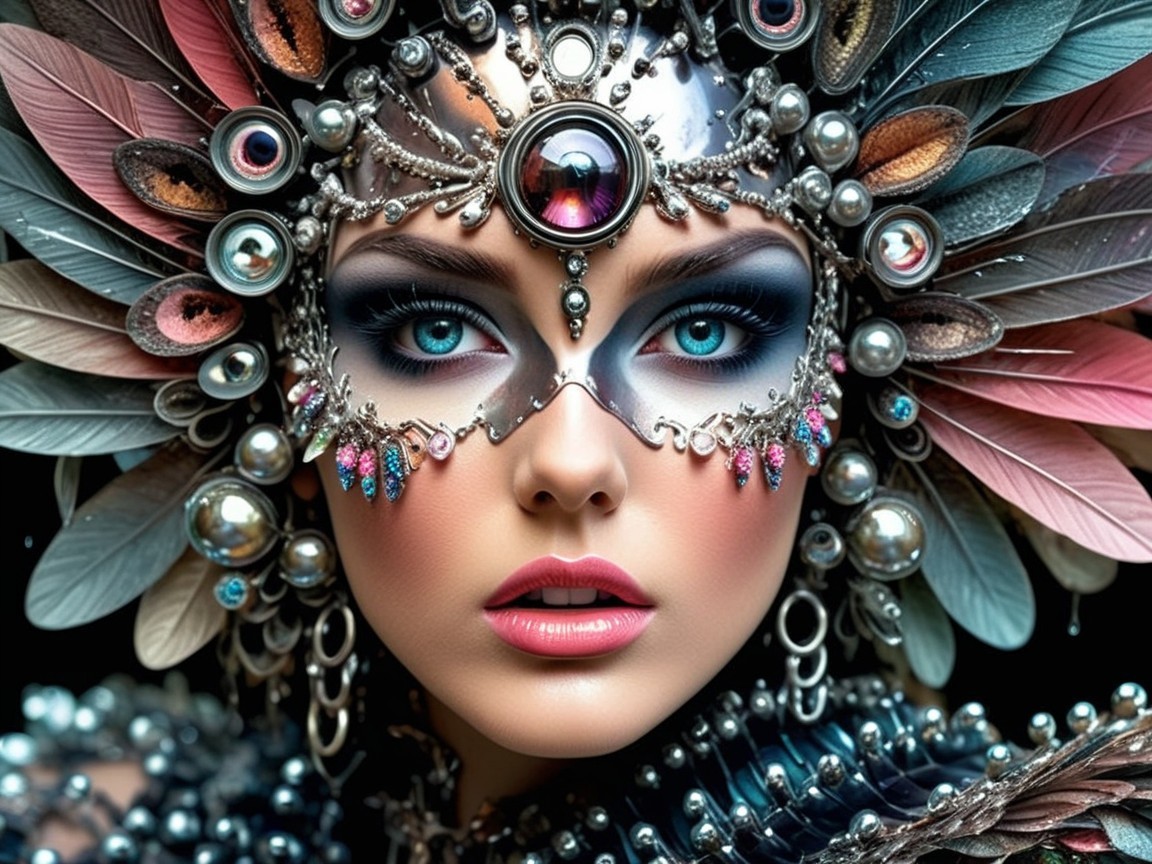 Portrait of a Woman with Feathered Headpiece and Makeup