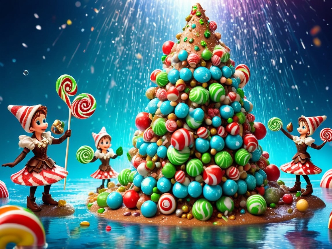 Whimsical Elf Figures by a Candy Christmas Tree