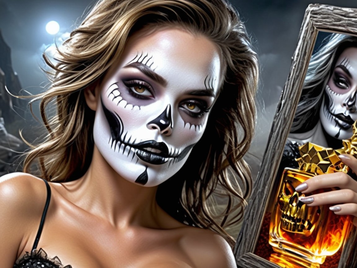 Elaborate Skull Makeup with Dark Lace Outfit