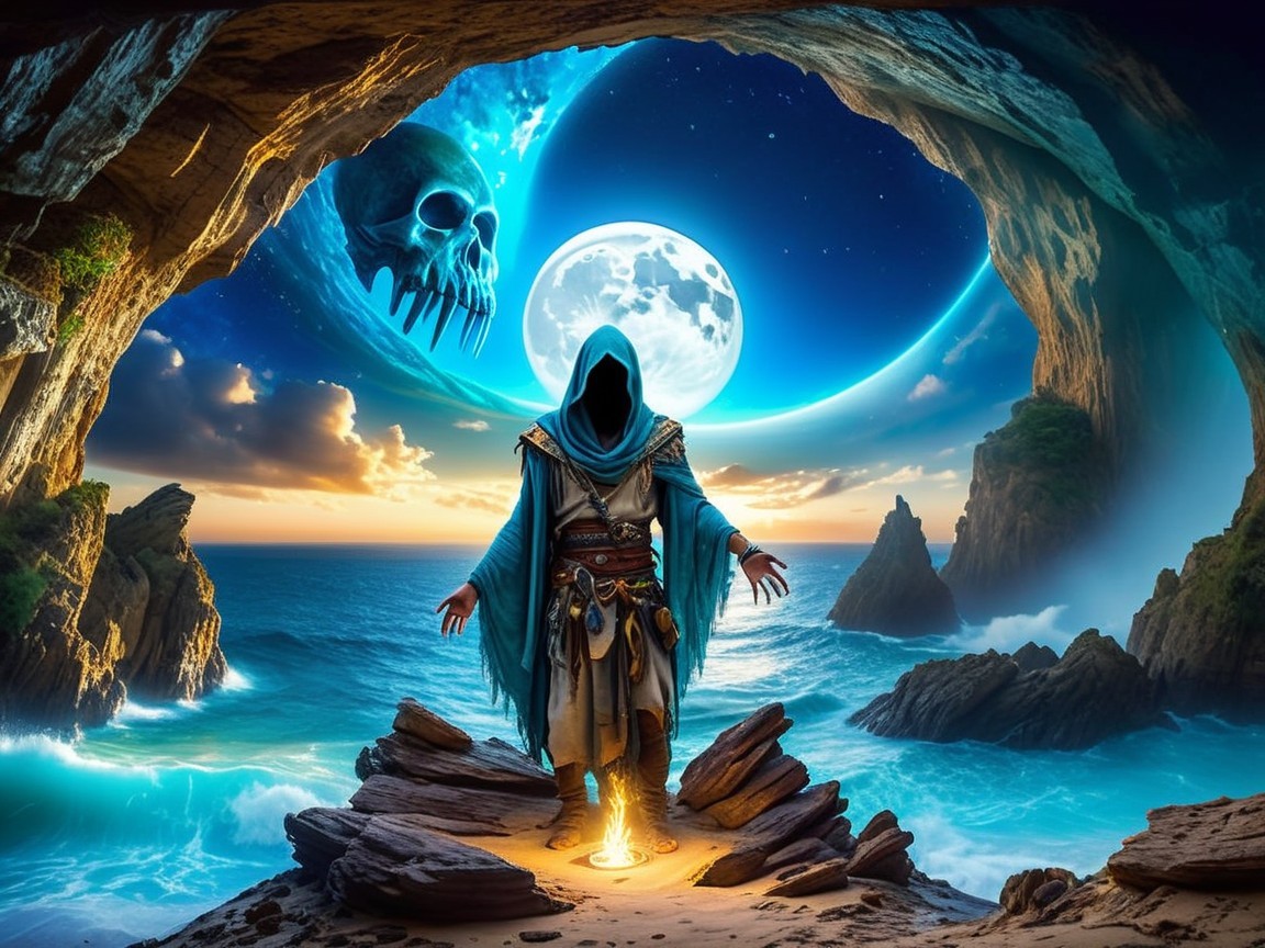 Cloaked Figure in Mystical Cave with Seascape and Skull