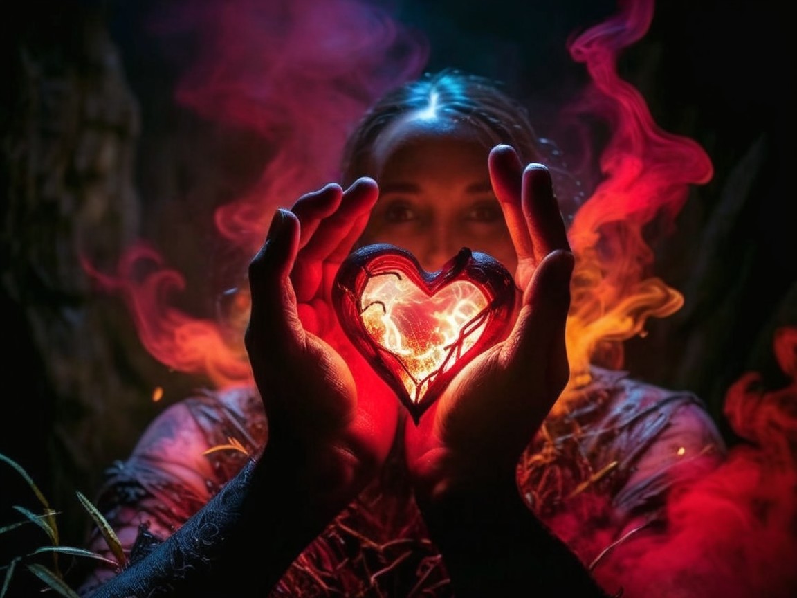 Glowing Heart-Shaped Object Surrounded by Colorful Smoke