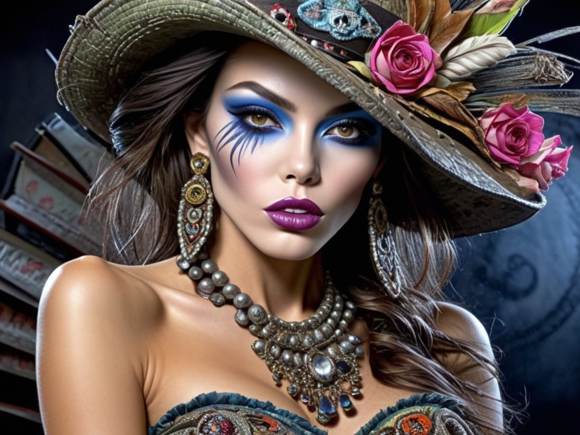 Striking Woman with Elaborate Makeup and Accessories