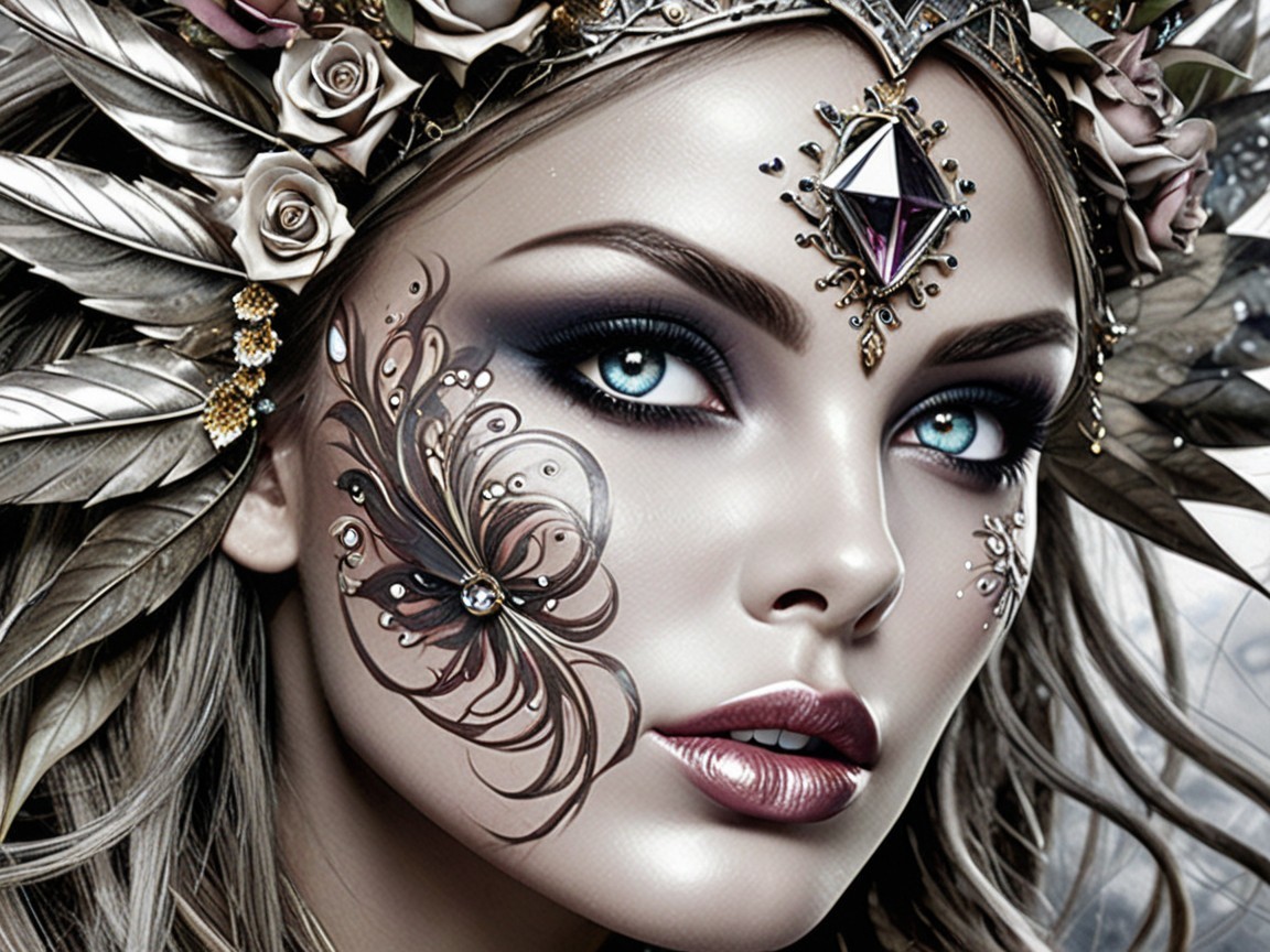 Ethereal Woman with Floral Face Art and Silver Crown