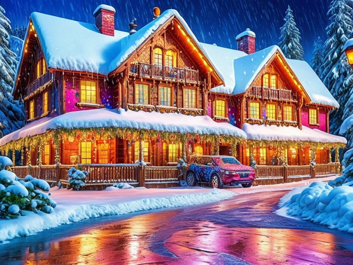 Cozy pink cabin with Christmas lights in snowy night