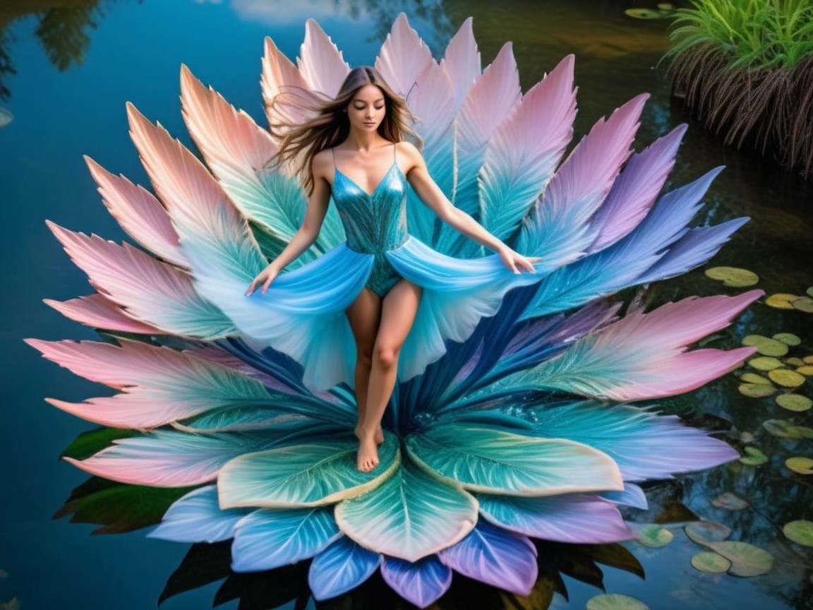 Graceful figure on vibrant lotus flower in serene pond