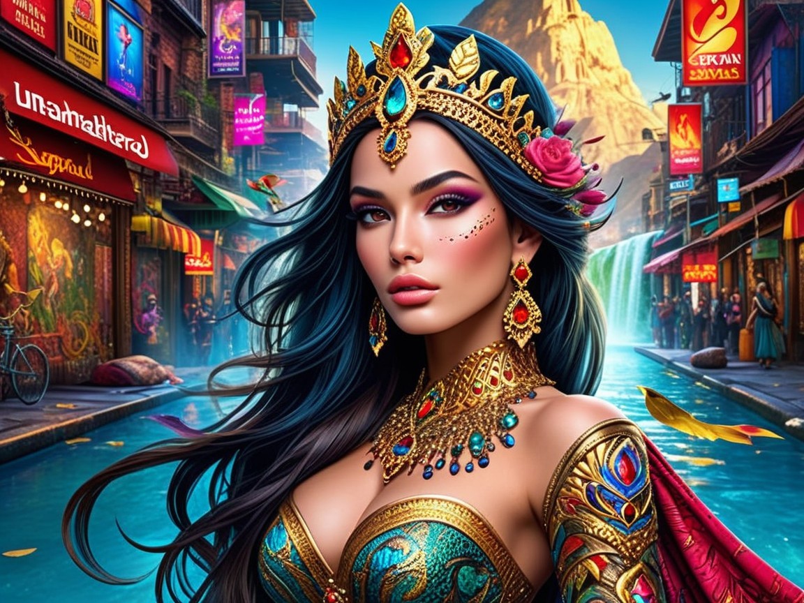 Elegant Woman in Traditional Attire by Colorful Street