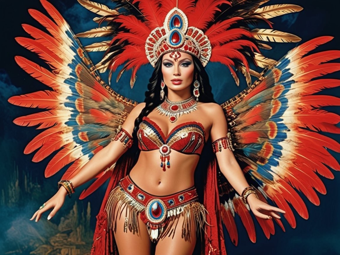 Vibrant Performer in Feathered Costume and Headdress