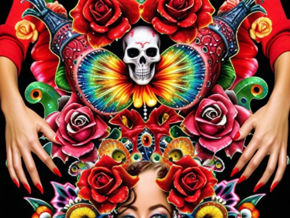 Vibrant Skull Design with Butterflies and Roses