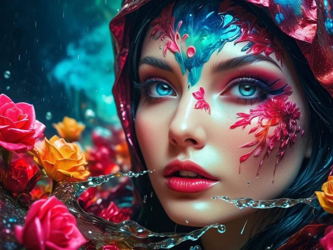 Portrait of a woman with floral face paint by water