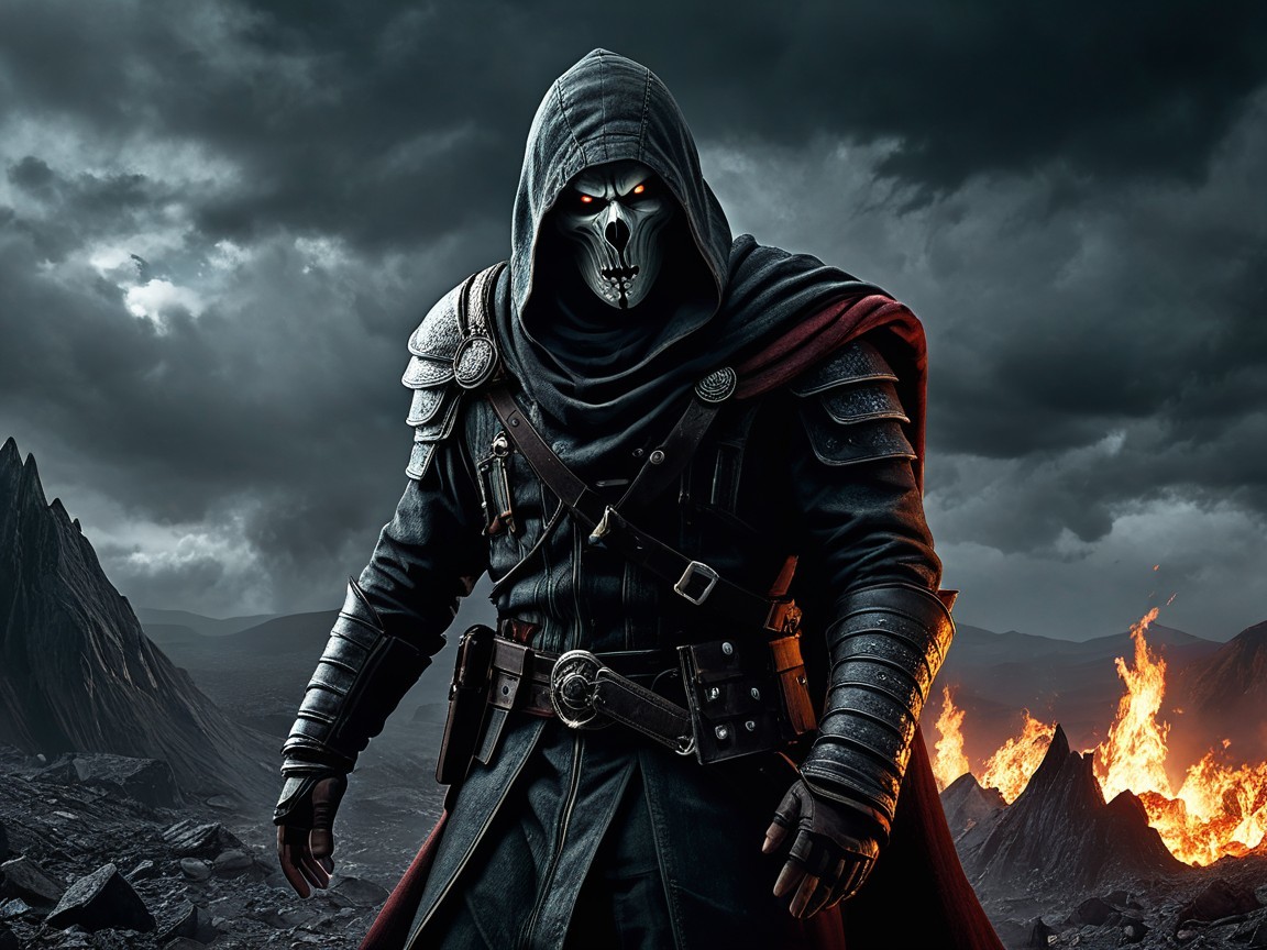 Menacing Figure in Dramatic Volcanic Landscape