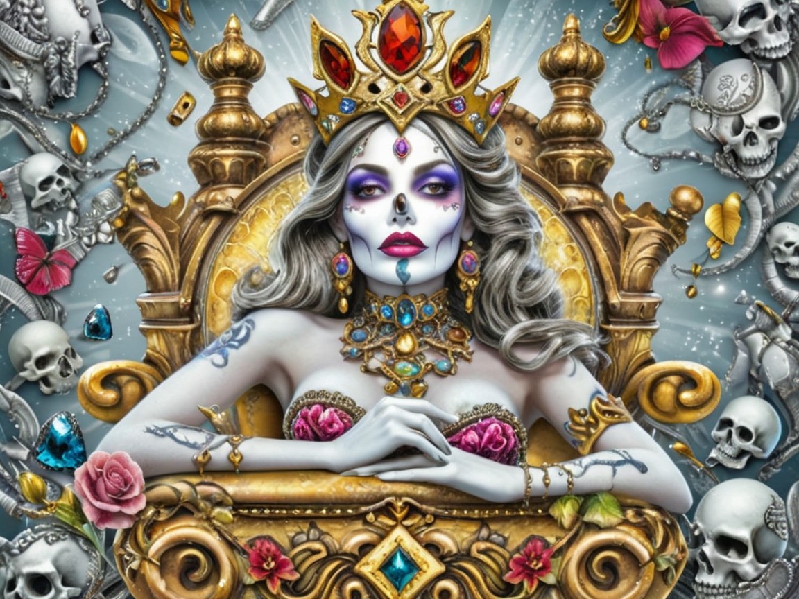 Regal Figure on Ornate Throne with Colorful Jewels
