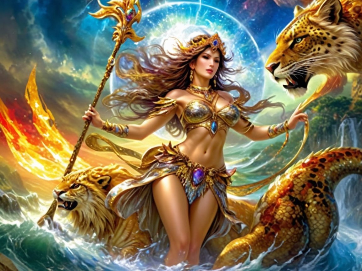 Majestic figure in gold with leopards and celestial backdrop