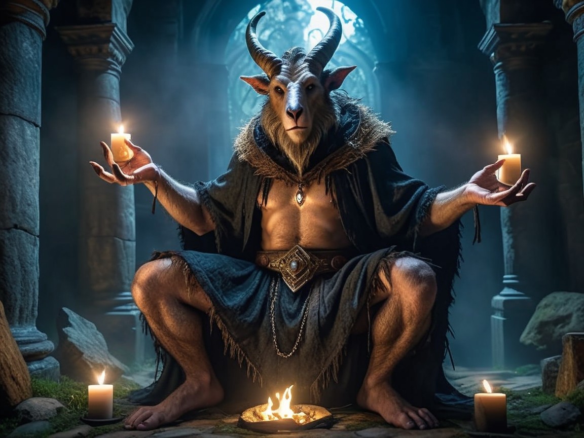 Mystical Chamber with Goat-Headed Figure and Symbols
