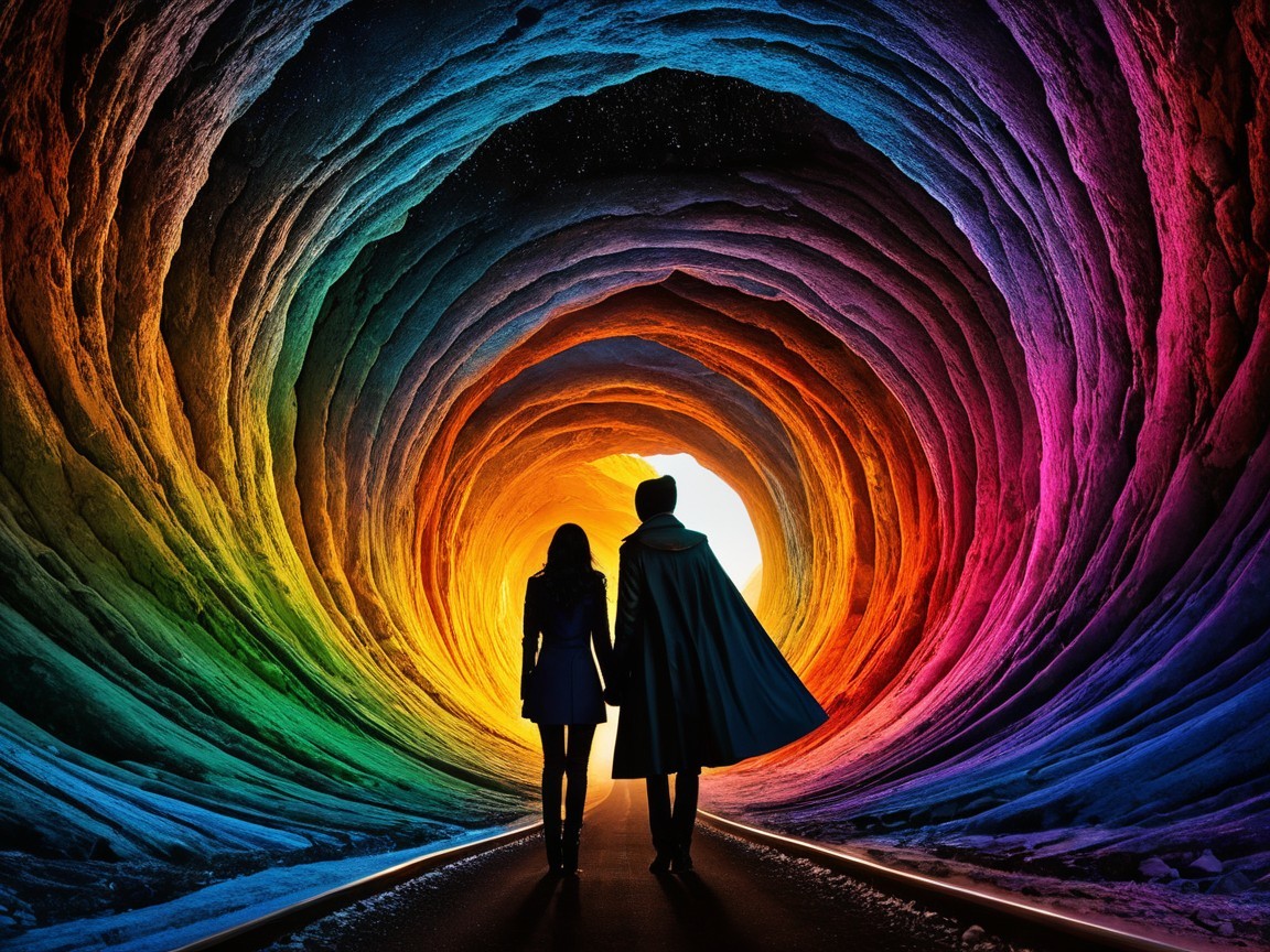 Couple at Entrance of Colorful Swirling Tunnel