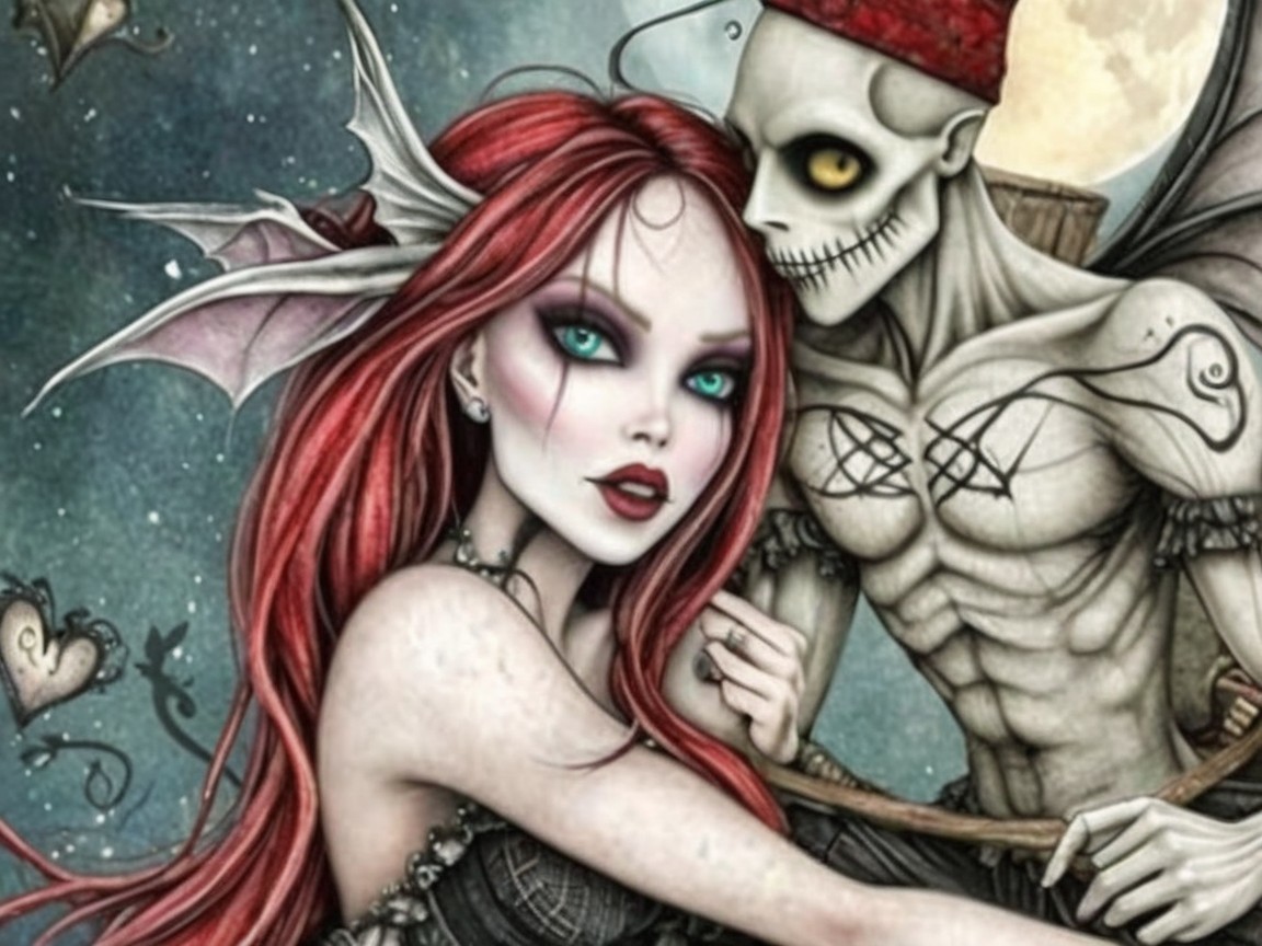 Gothic Illustration of Woman and Skeletal Embrace