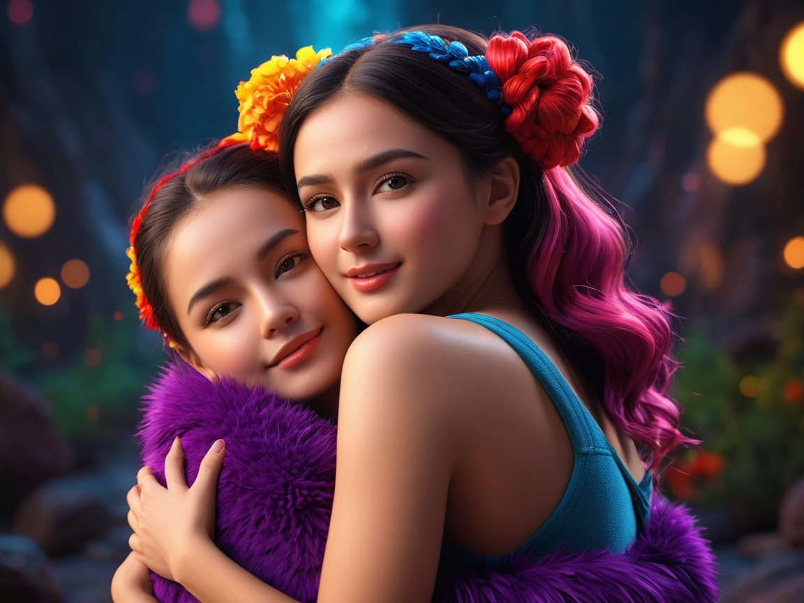 Girls in Floral Crowns Embracing in a Forest