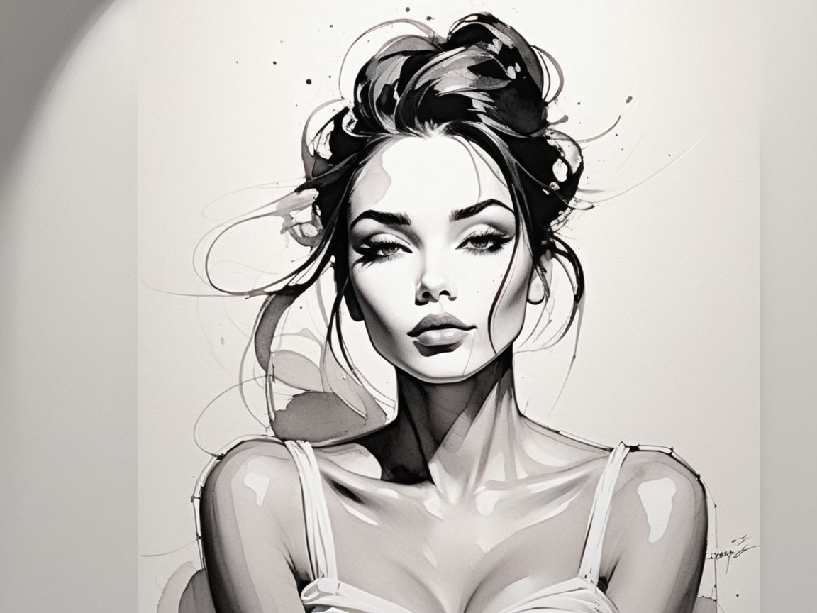 Black-and-white illustration of a serene woman
