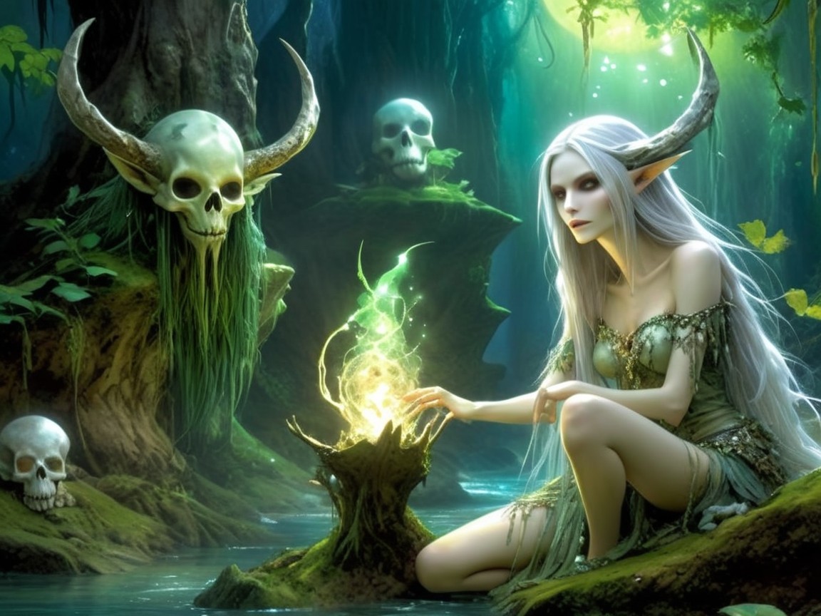 Mystical Forest Scene with Enchanting Figure and Magic Orb