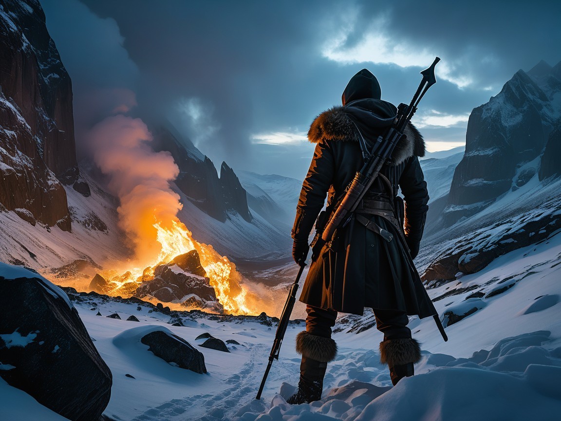 Solitary Figure in Winter Landscape with Eruption