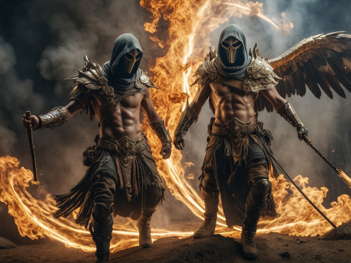 Muscular Warriors in Dark Armor Surrounded by Flames