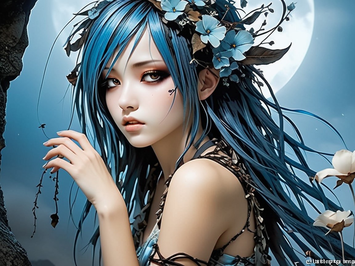 Ethereal figure with blue hair and floral adornments
