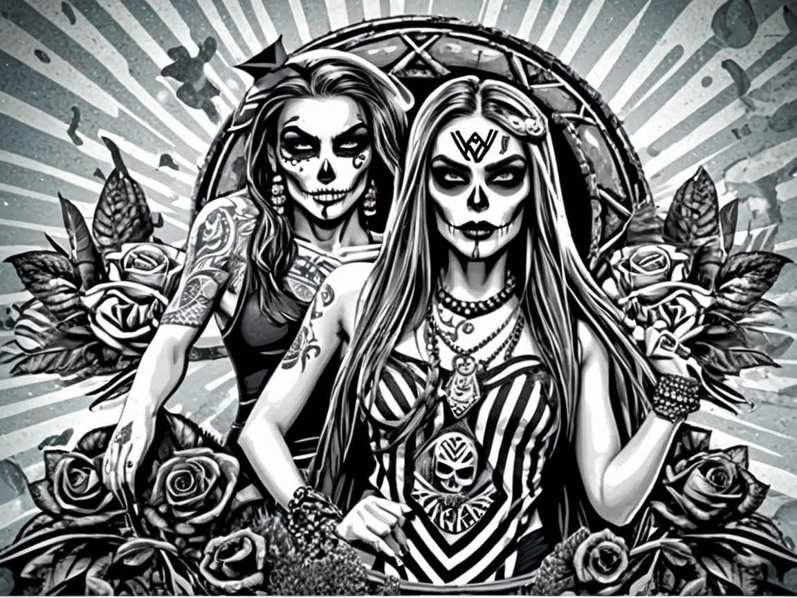 Monochrome Illustration of Women with Sugar Skull Face Paint