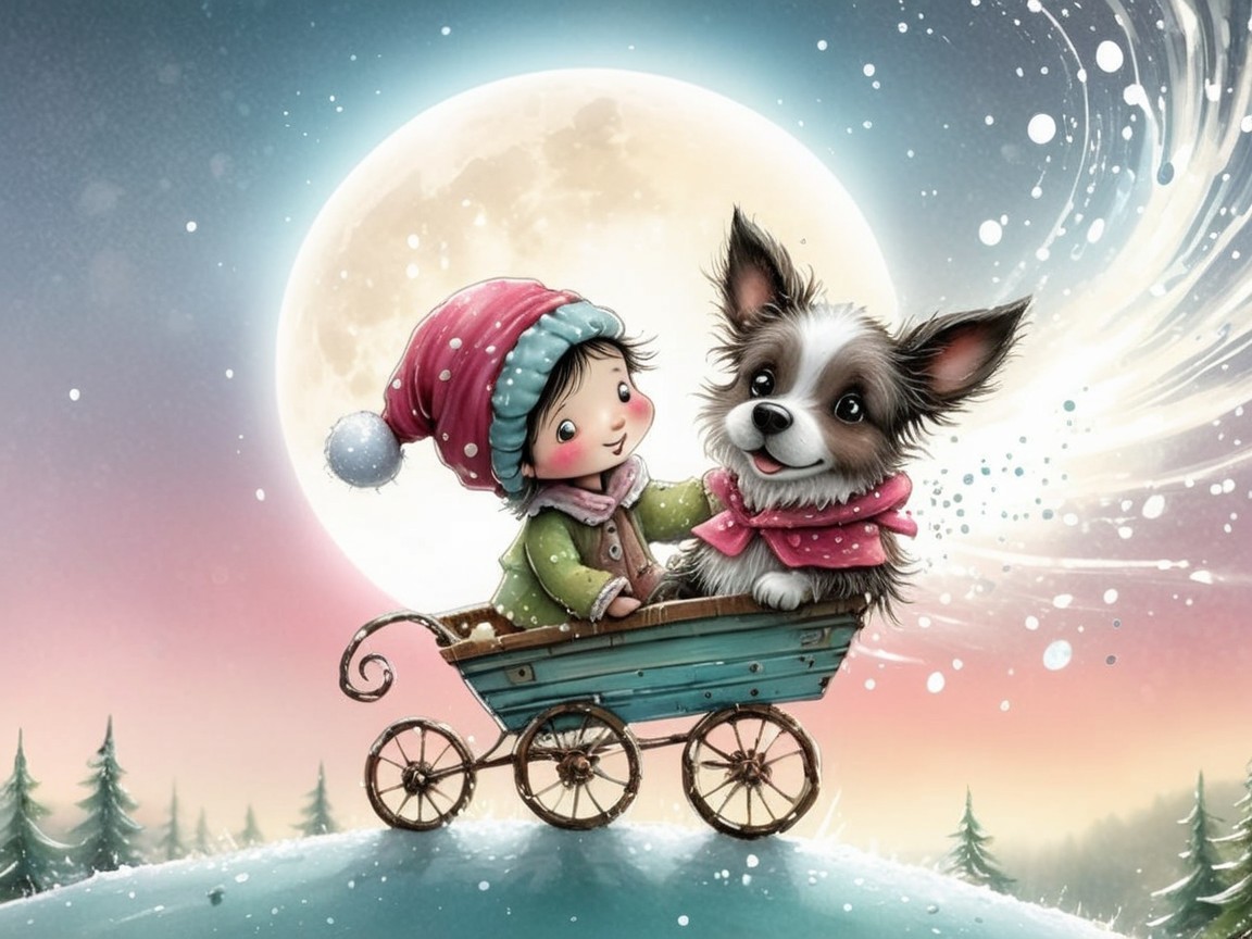 Whimsical Winter Scene with Child and Puppy in Carriage