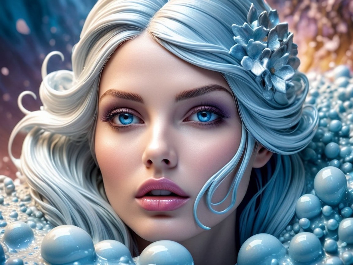 Portrait of a woman with silvery-blue hair and bubbles
