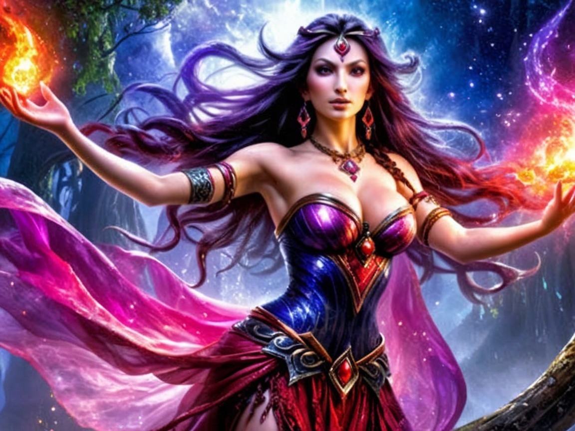 Mystical Woman in Enchanted Forest with Glowing Orbs