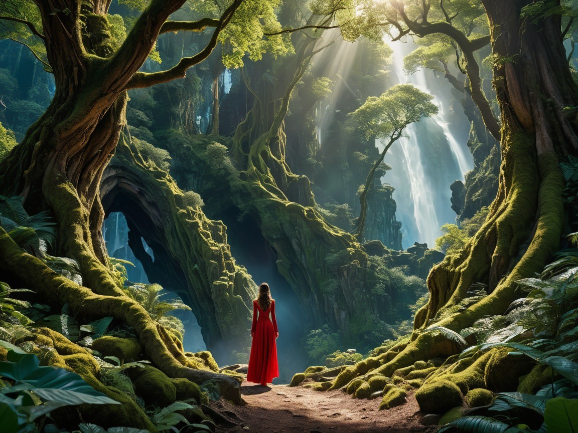 Enchanted Forest with Waterfalls and Red Dress Figure