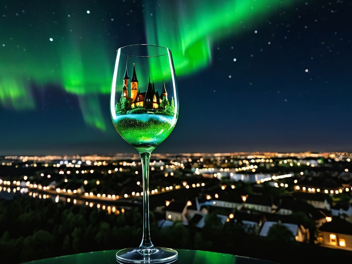 Glass of Wine with Miniature Castle and Auroras
