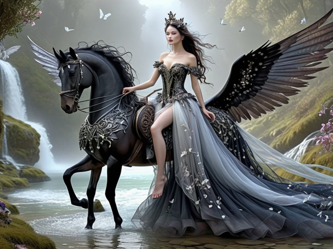 Woman in Black and Silver Gown with Winged Horse