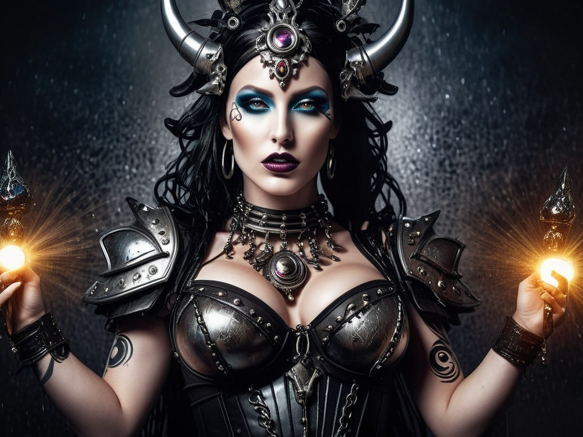 Elaborate armored figure with mystical orbs and headdress