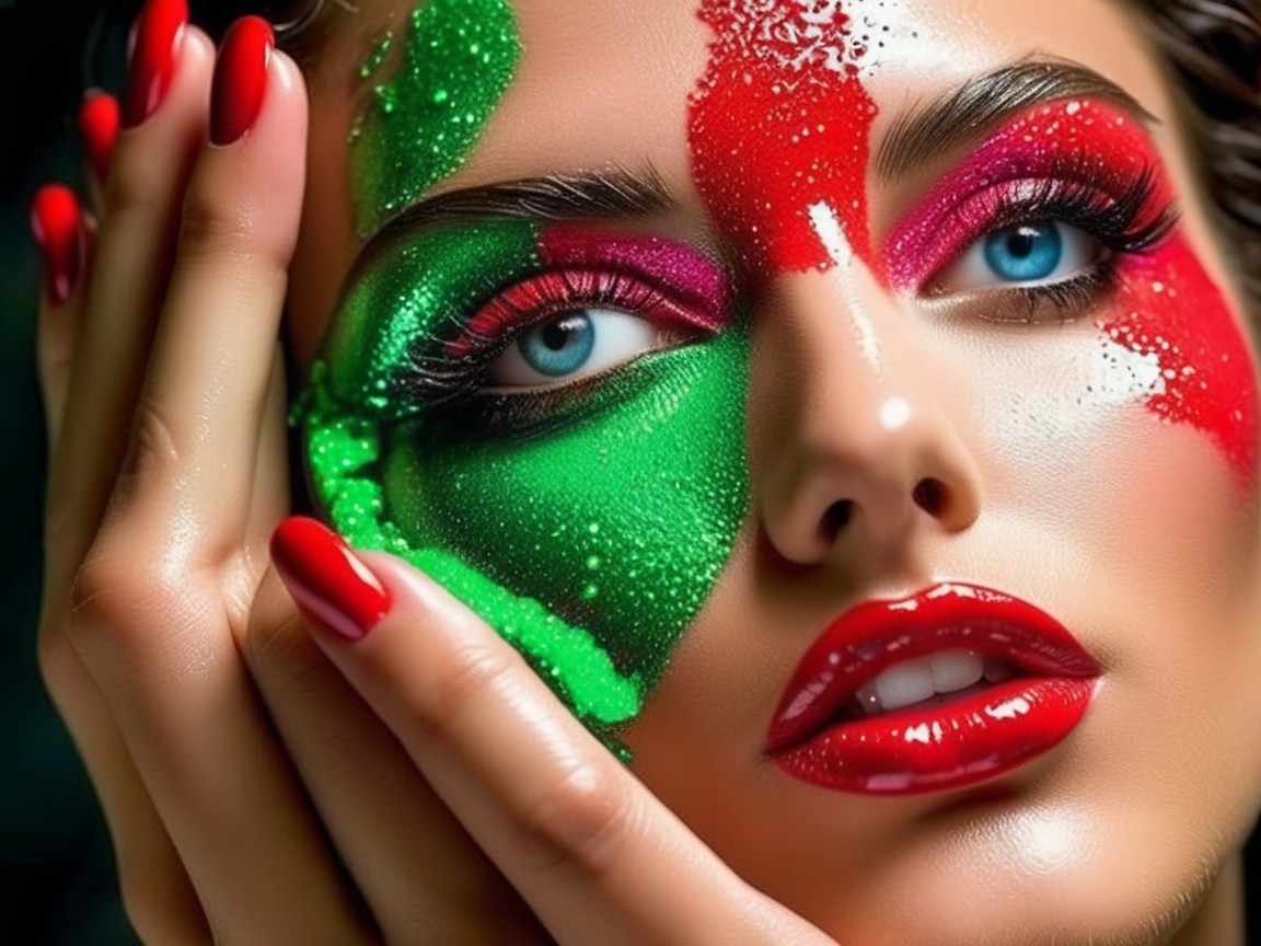 Close-up of a model with vibrant festive makeup