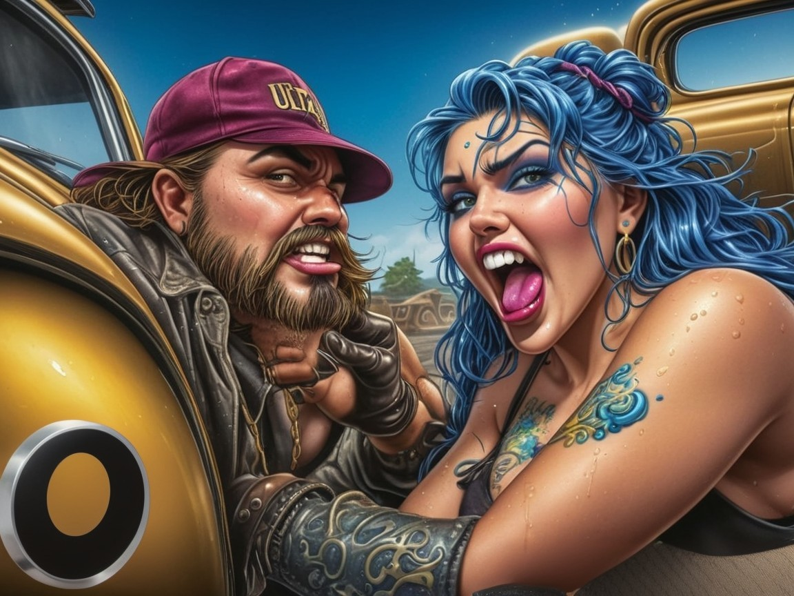 Man and woman making funny faces by vintage car