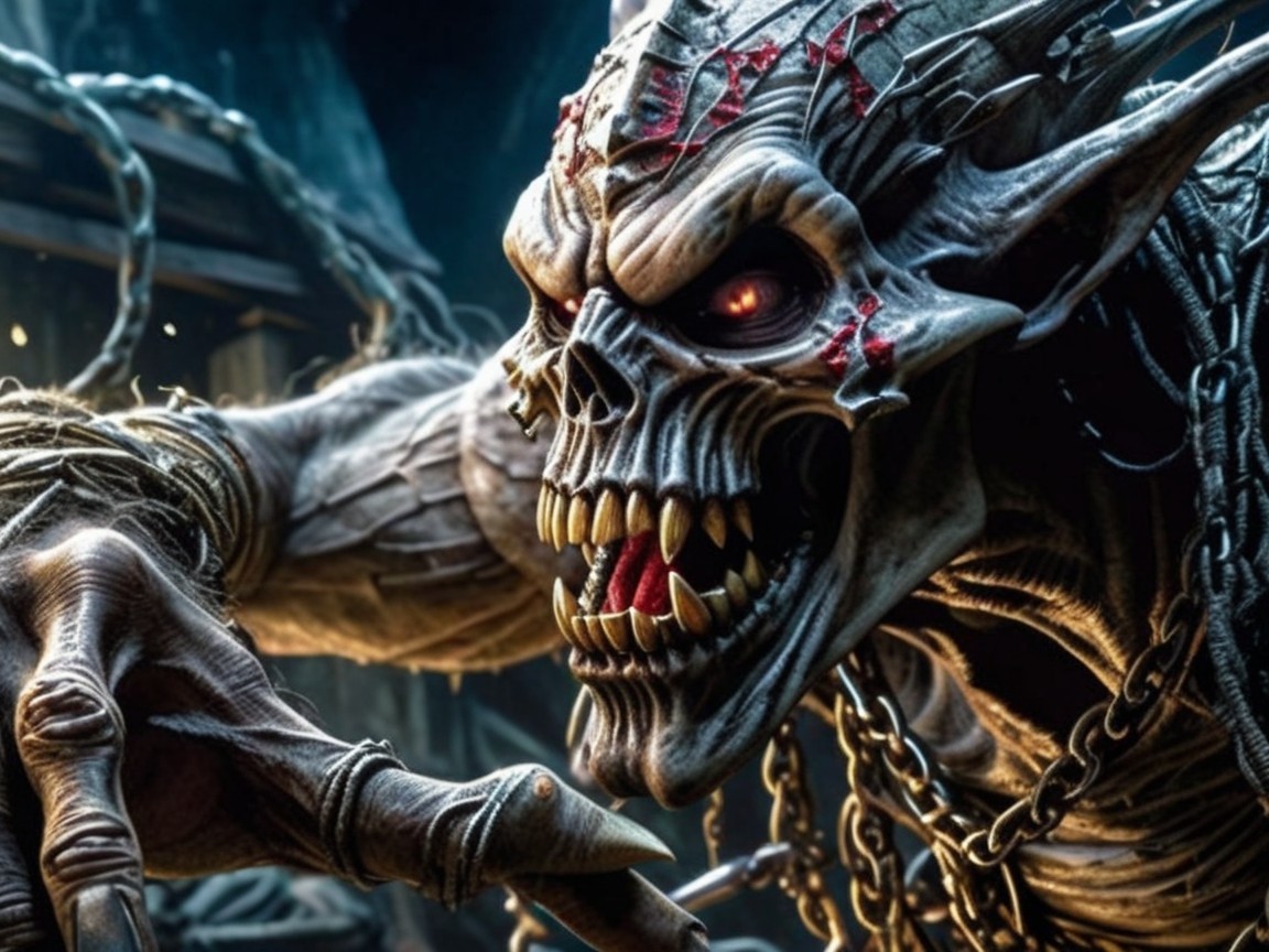 Menacing Creature with Skeletal Features and Chains
