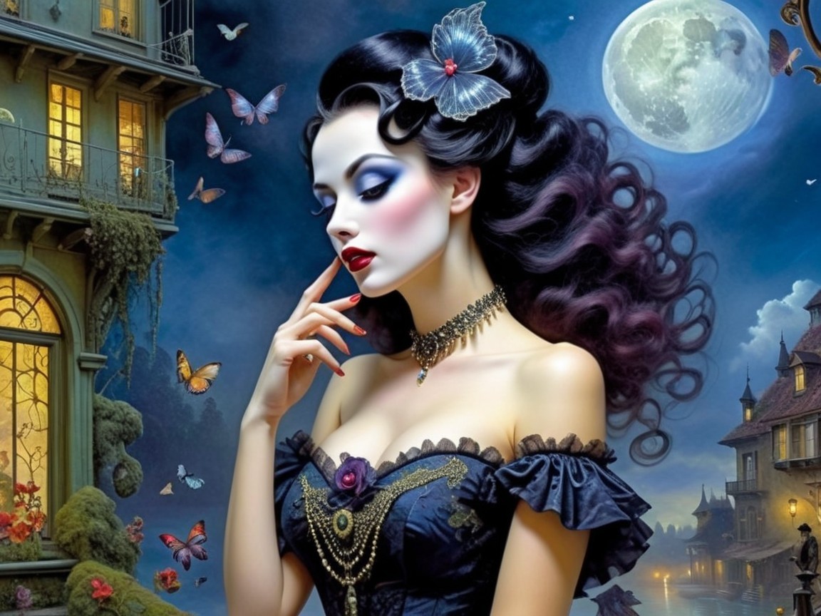 Ethereal Woman in Black Dress with Butterflies and Moon