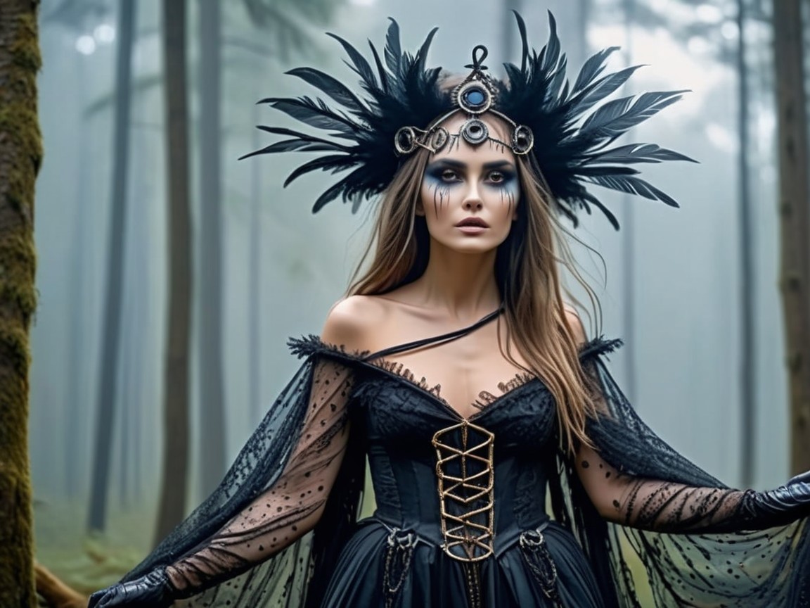 Mysterious Figure in Foggy Forest with Black Gown