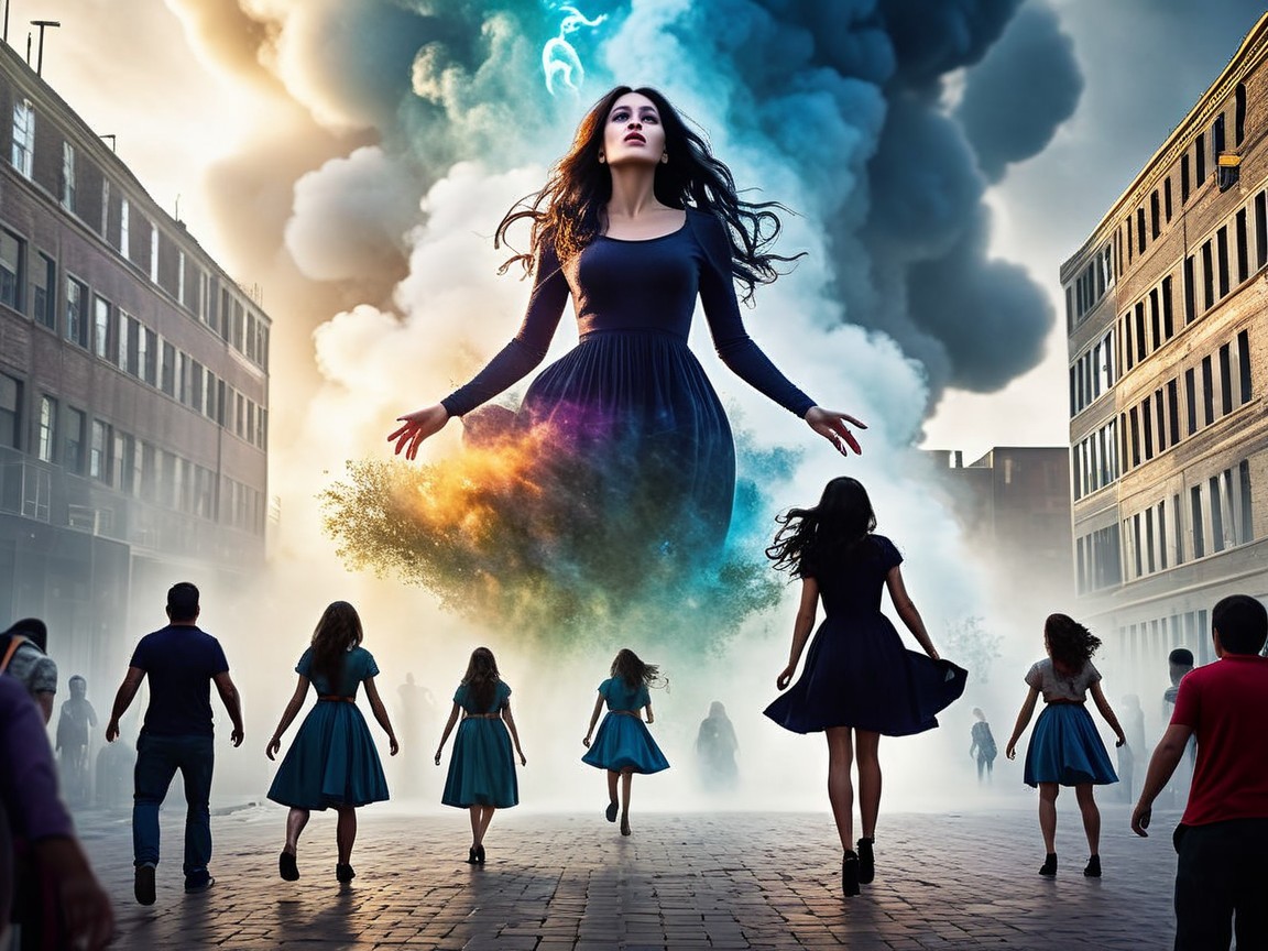 Surreal Cityscape with Hovering Woman and Blue Dresses