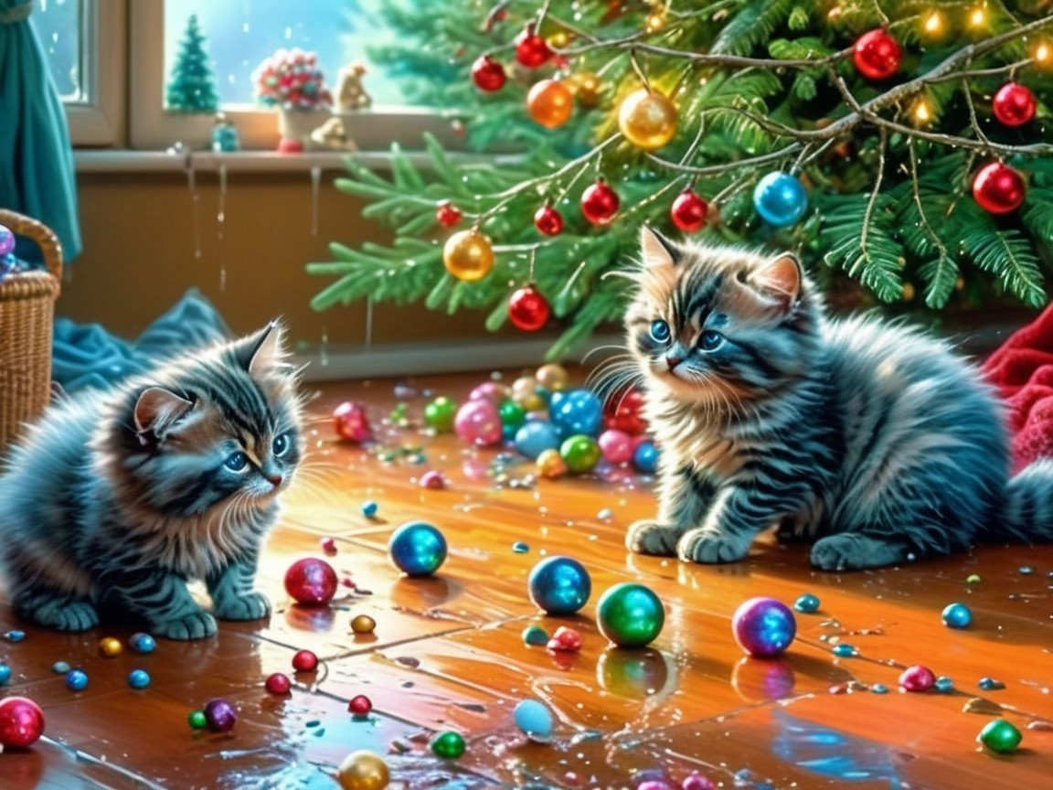 Fluffy Tabby Kittens Play with Christmas Ornaments