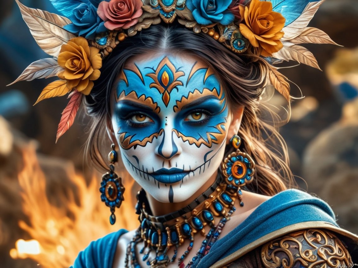 Traditional Day of the Dead Attire with Intricate Designs