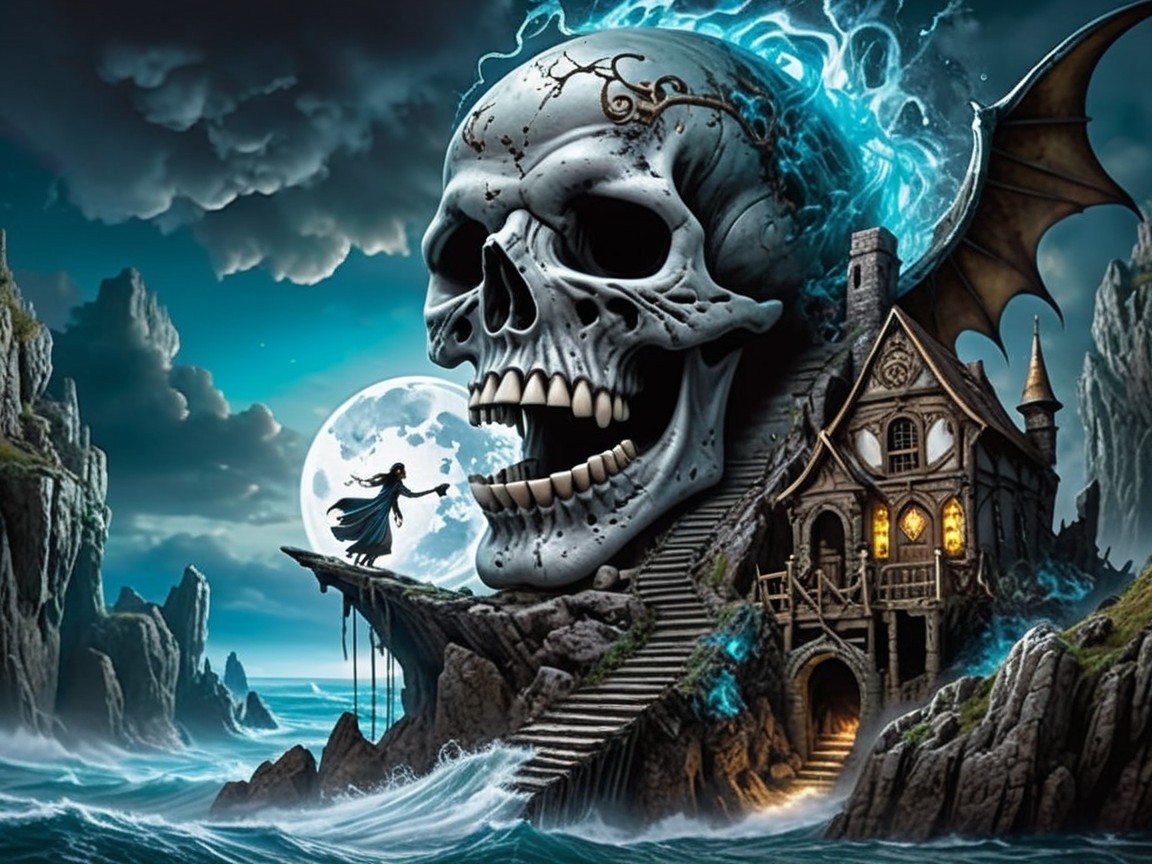 Dramatic landscape with colossal skull and ocean waves