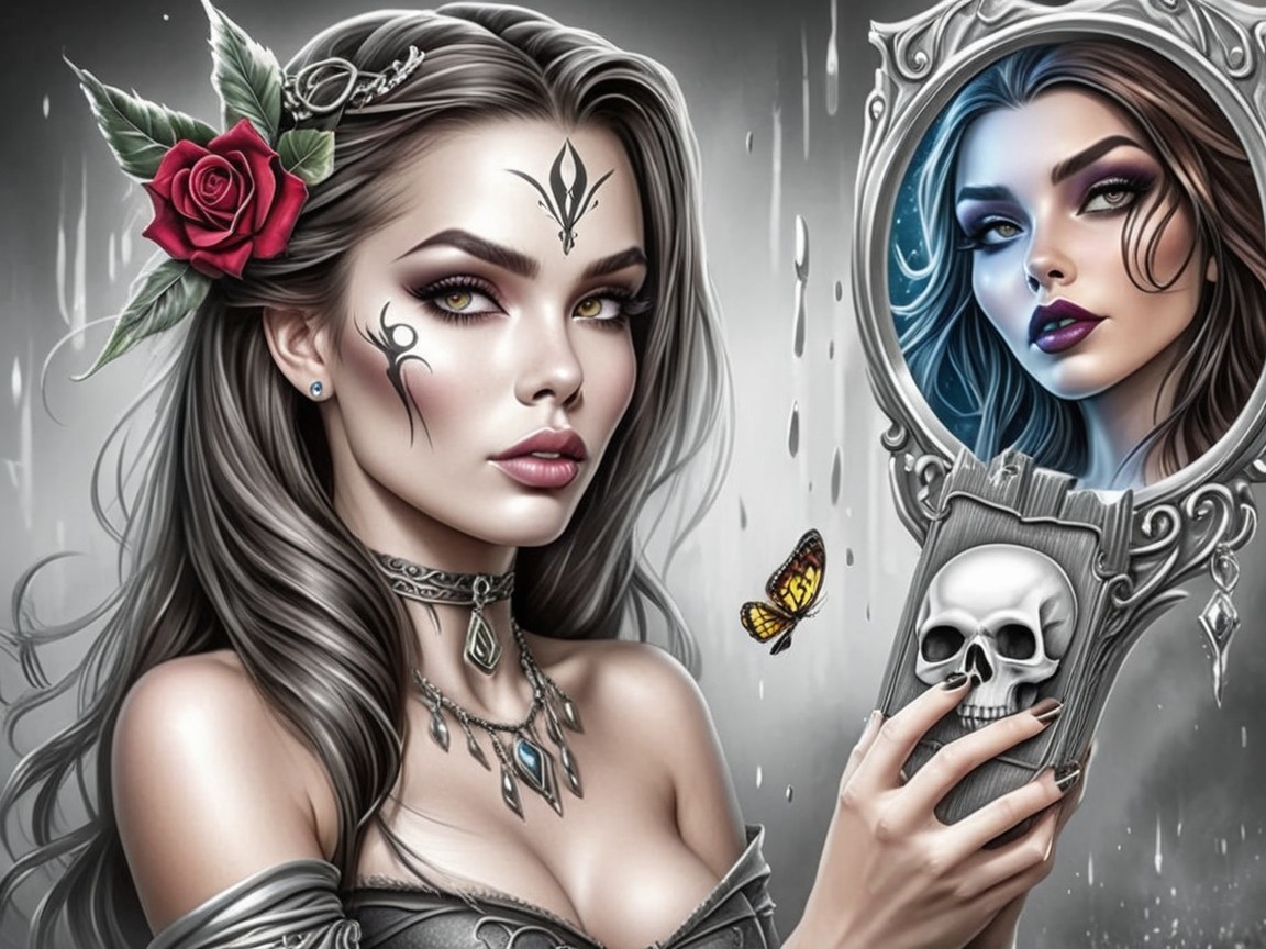 Portrait of a Woman with Tattoos and Mirror Reflection